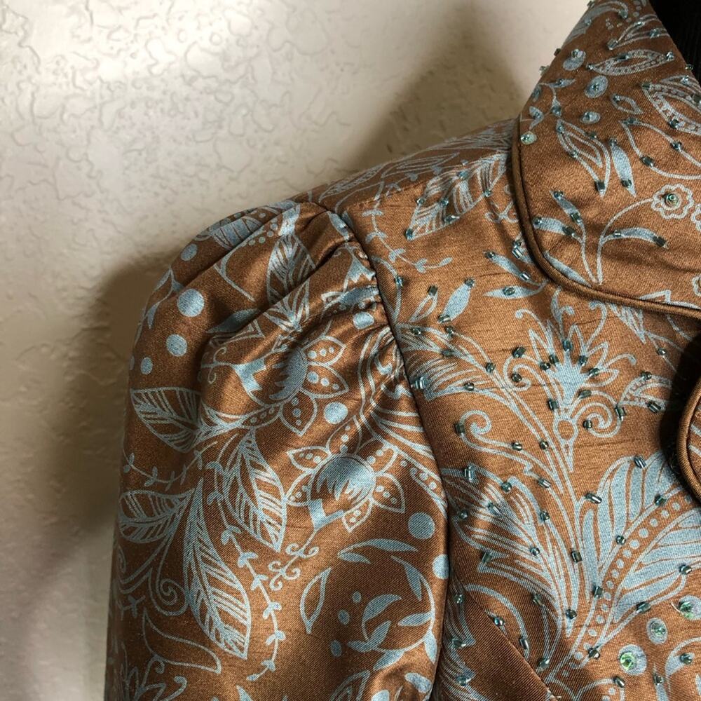Victor Costa brown blue floral beaded rhinestone button blazer jacket size 6 - Picture 8 of 15